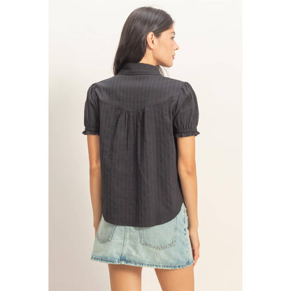 Carmen Button-Up Puff Short Sleeve Shirt: BLACK