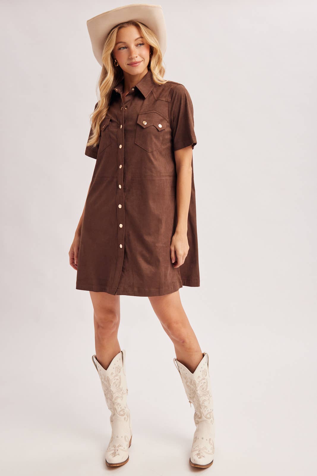 Cheyenne Collared Short Sleeve Faux Suede Mini Shirt Dress: Chocolate