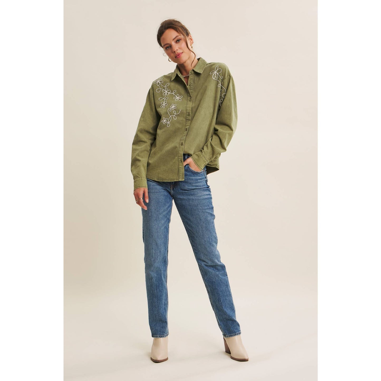 Rusting Elegance Mineral-Washed Embroidered Cotton Top: Olive