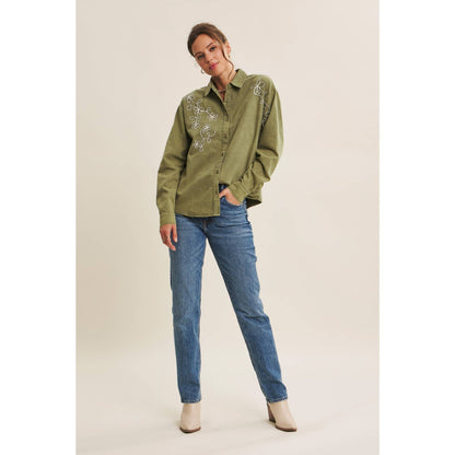 Rusting Elegance Mineral-Washed Embroidered Cotton Top: Olive