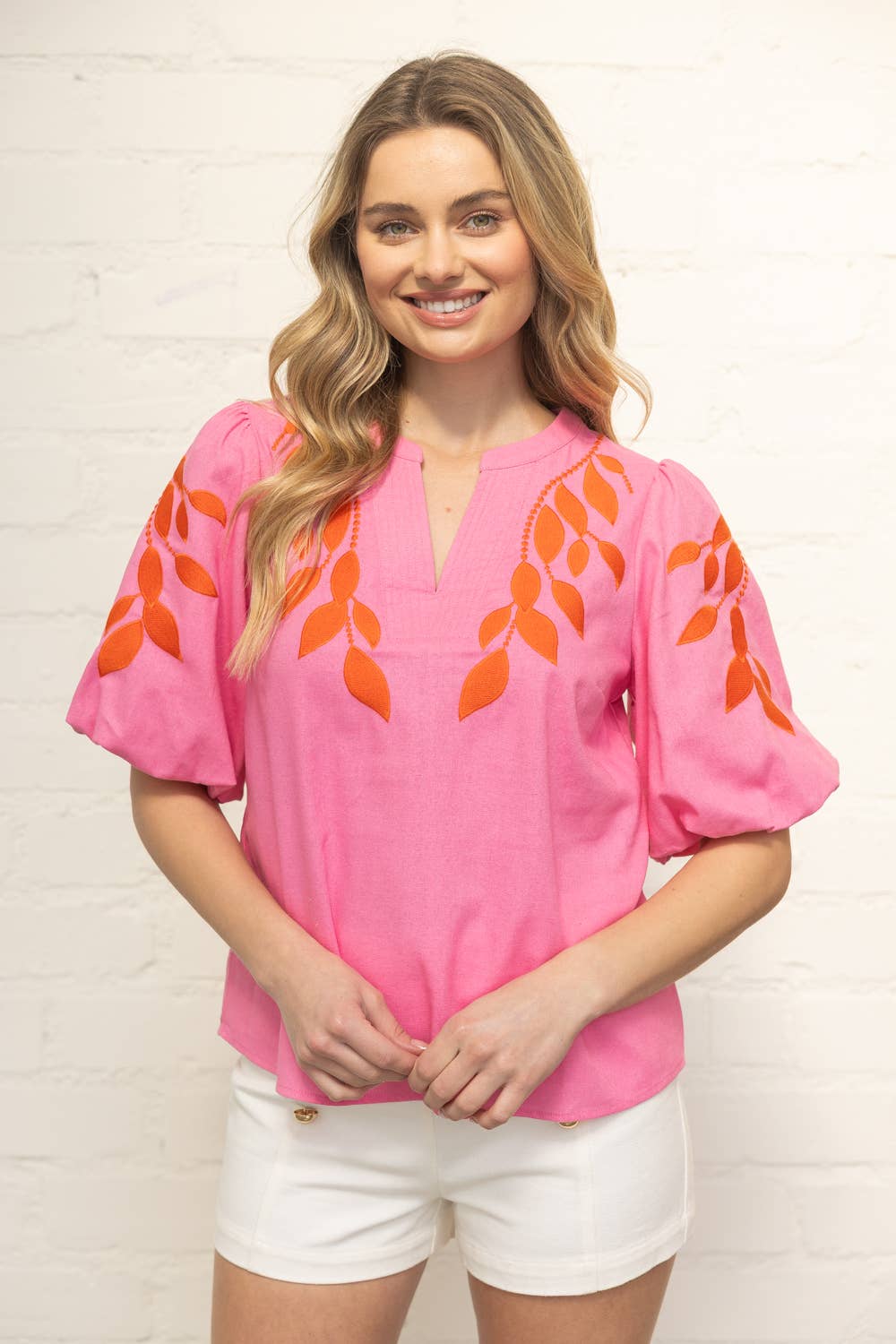 Posie Floral Embroidered Bubble Sleeve V-Neck Top: Pink