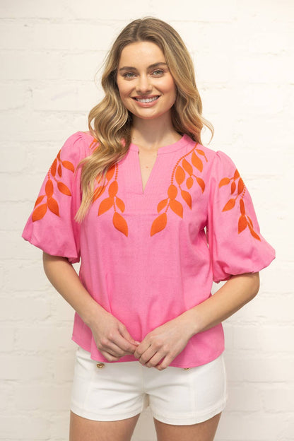Posie Floral Embroidered Bubble Sleeve V-Neck Top: Pink