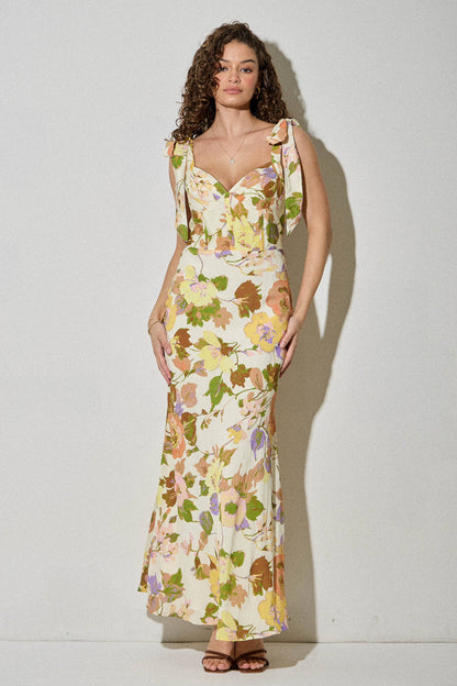 Bella Romantic Vintage Floral Summer Midi Dress with Tie Straps: CREAM ORANGE