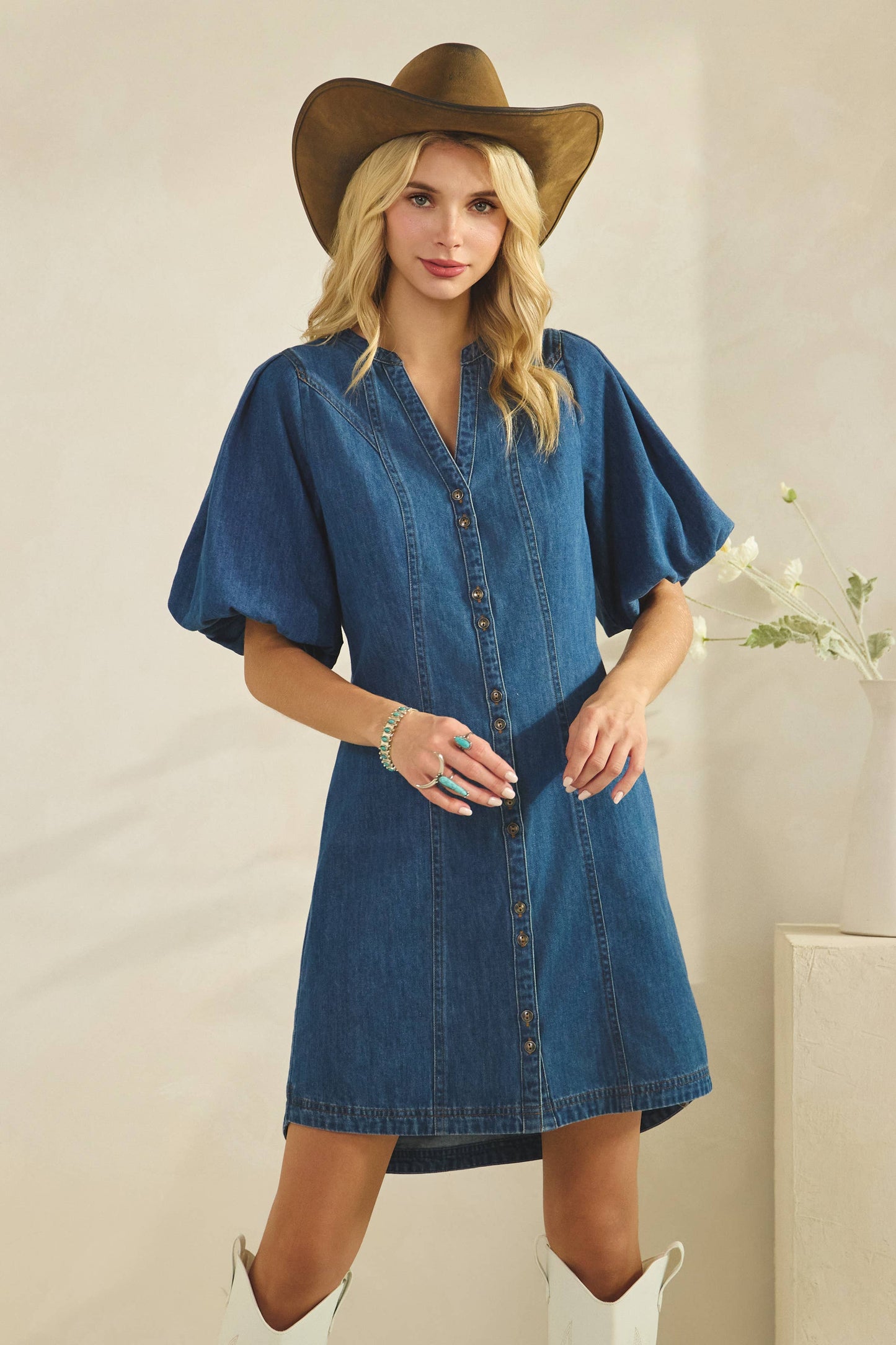 Laramie V-Neck Double Button Down Dress: Dark Wash Denim