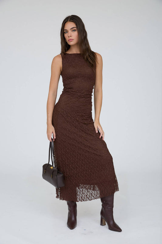 Estelle Lace Ruched Detail Tank Midi Dress: Dark Brown