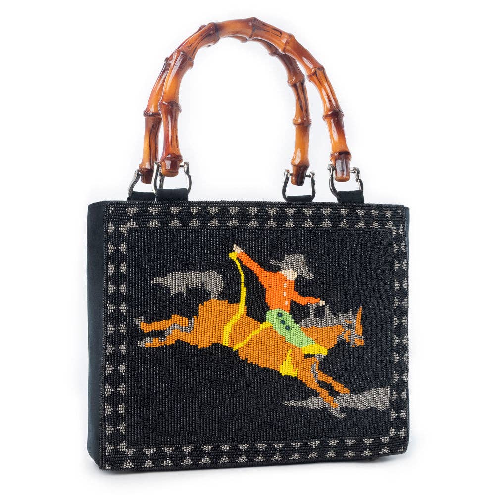 Eight Seconds Western hand beaded bag in black with bamboo handle and horse embroidery: Black