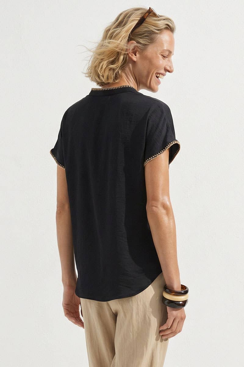 Whipstitch Drop Shoulder Regular Blouse: Black