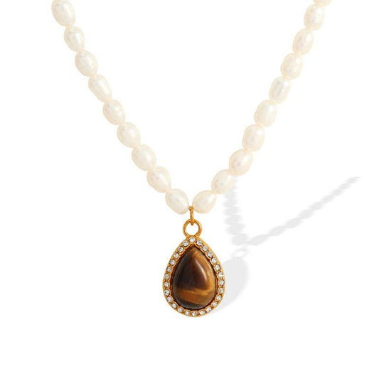 Tiger's Eye Stone Heart Charm Pearl Beaded Necklace: Drop shape