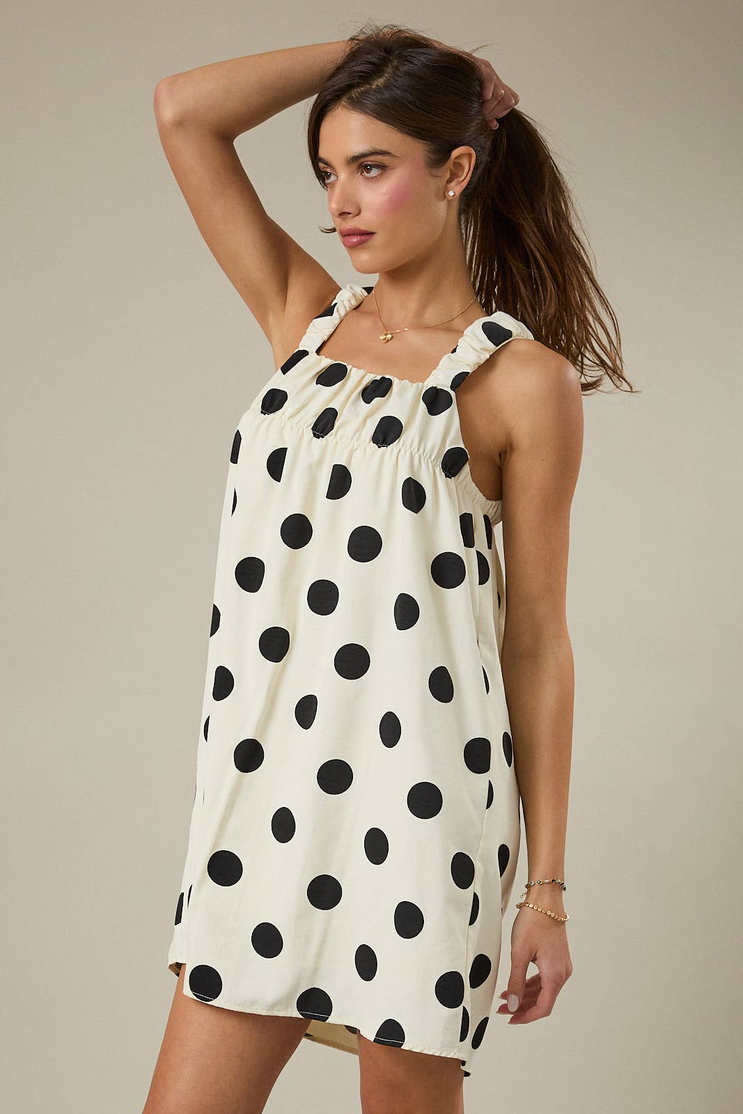 The Madison Mini Sleeveless Bold Polka Dot Dress: Cream Black