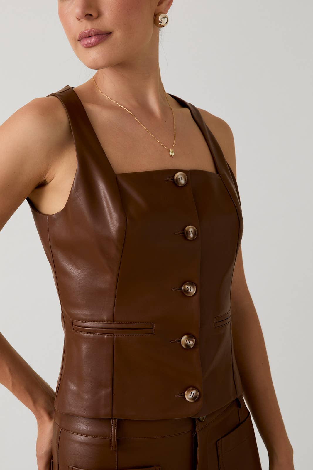 Farrah Faux Leather Vest: Brown