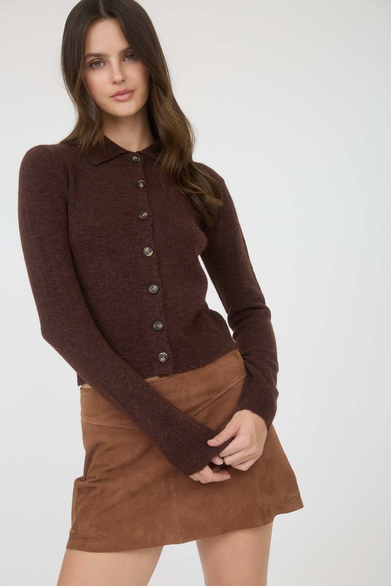 Lena Collared Button Down Long Sleeve Knit Cardigan: Chocolate
