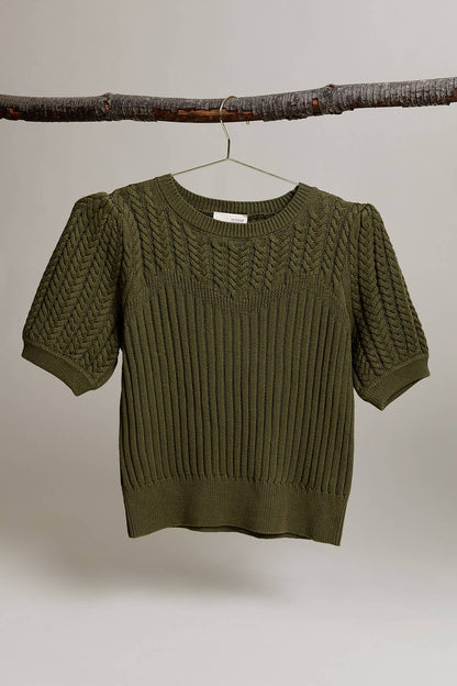 Cypress Short Sleeve Cable Sweater: Olive