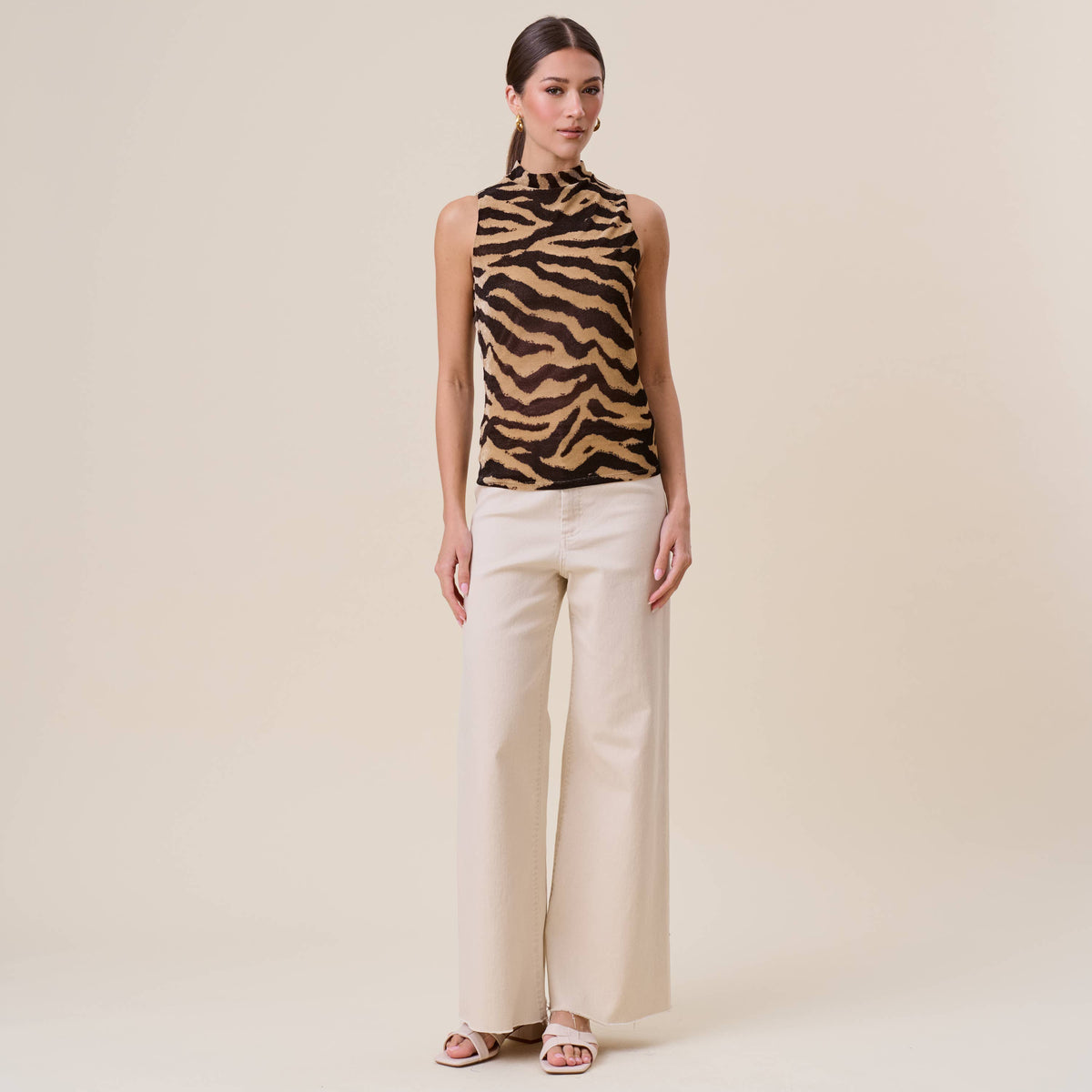 Zadie Sleeveless Mock Neck Zebra Print Top: Taupe & Black