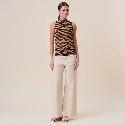 Zadie Sleeveless Mock Neck Zebra Print Top: Taupe & Black