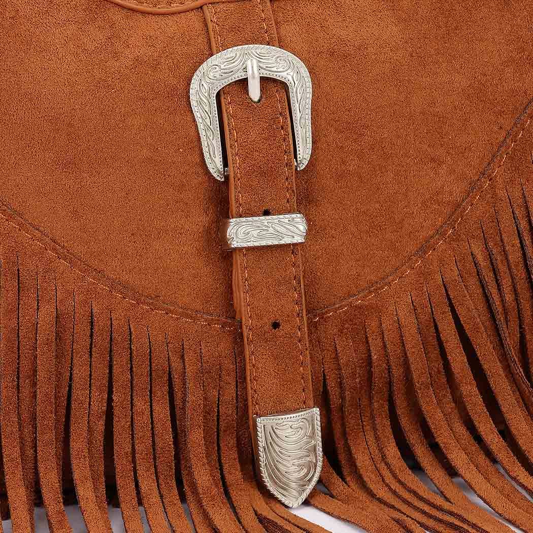 Faux suede Metal Buckle Fringe Bag: BUR