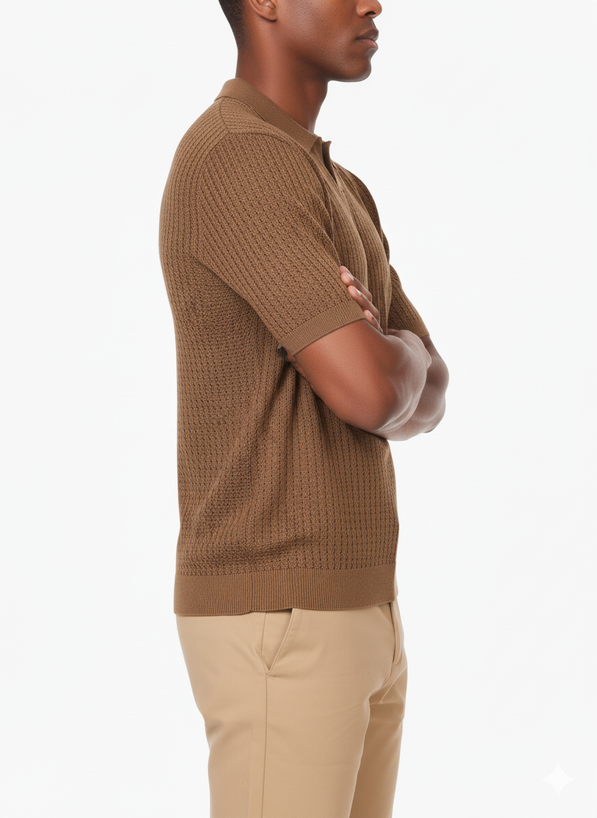 Henry Men's Textured Polo Shirt: BROWN
