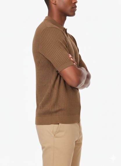 Henry Men's Textured Polo Shirt: BROWN
