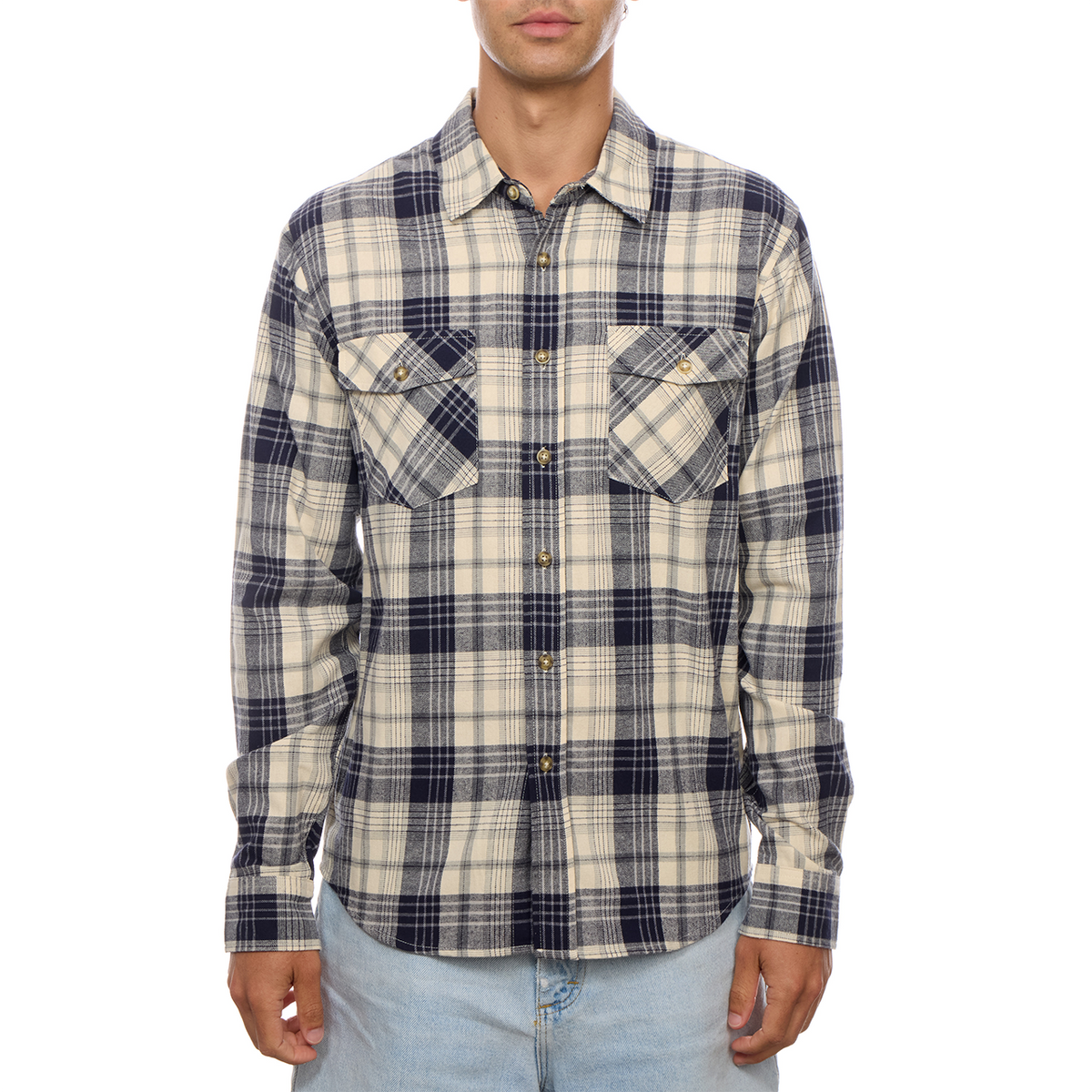 Long Sleeve Flannel Plaid Front Pockets Shirt: Navy