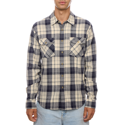 Long Sleeve Flannel Plaid Front Pockets Shirt: Navy