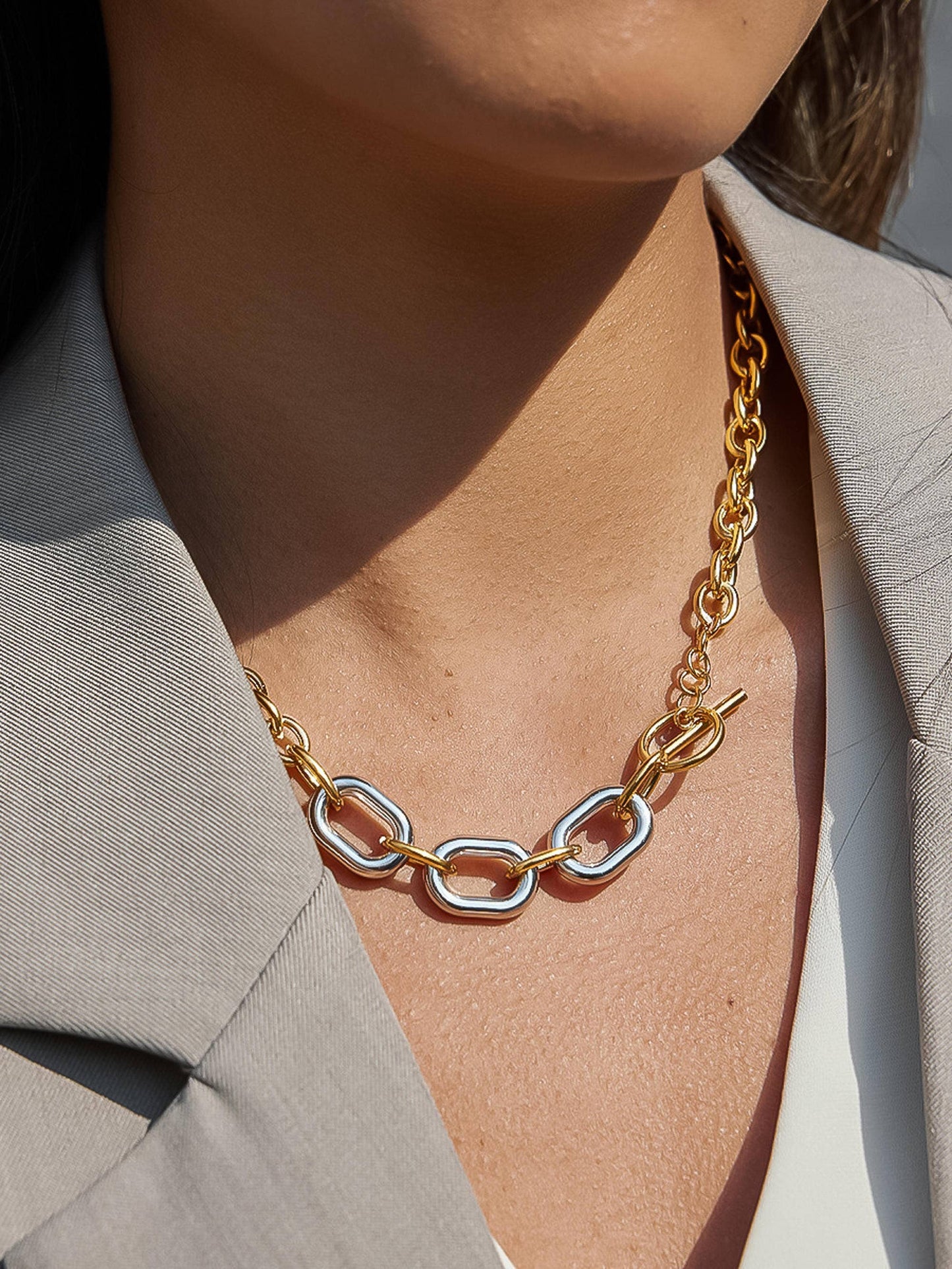 Lurette 18K Gold Non-Tarnish Two Tone Chain Necklace: Multi-Colored