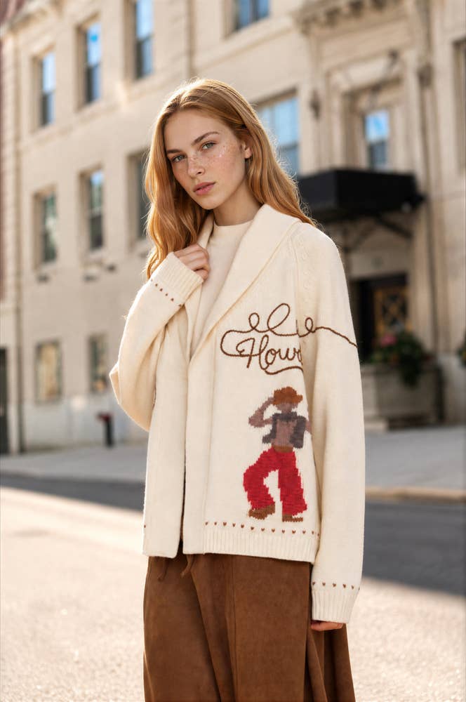 Lottie Howdy Cowboy Shawl Collar Knit Cardigan: Cream