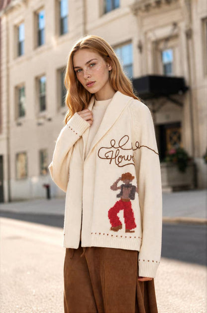 Lottie Howdy Cowboy Shawl Collar Knit Cardigan: Cream