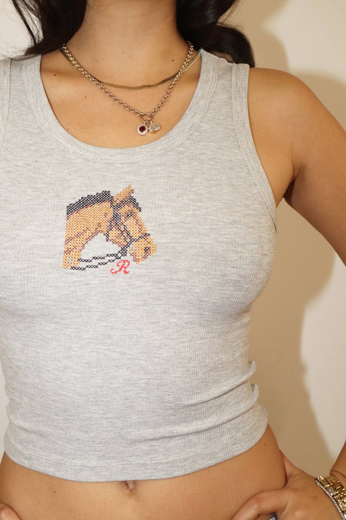 Horse Embroidered Ribbed Tank Top: H.Grey / L