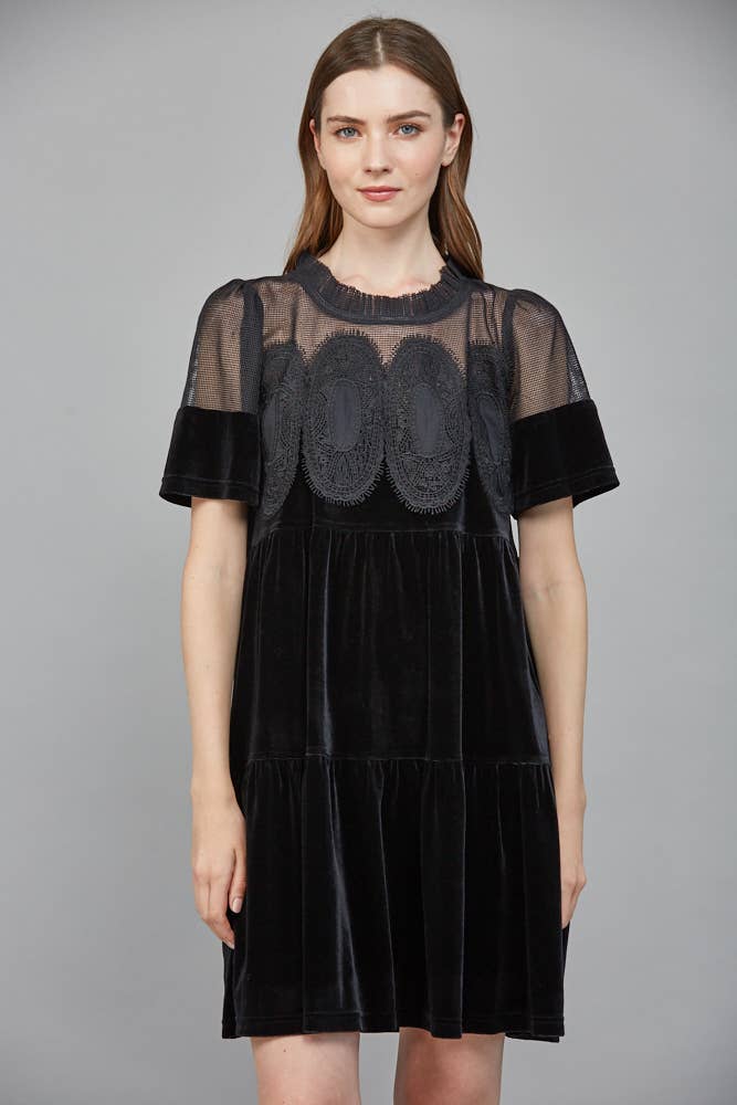 Solstice Contrast Sheer Mesh with Lace Detail Velvet: Black