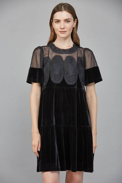 Solstice Contrast Sheer Mesh with Lace Detail Velvet: Black