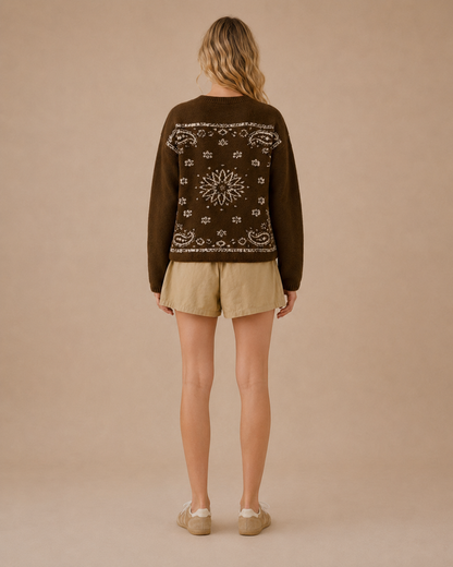 Cassidy Bandana Jacquard Crewneck Relaxed Sweater: Brown & Ivory