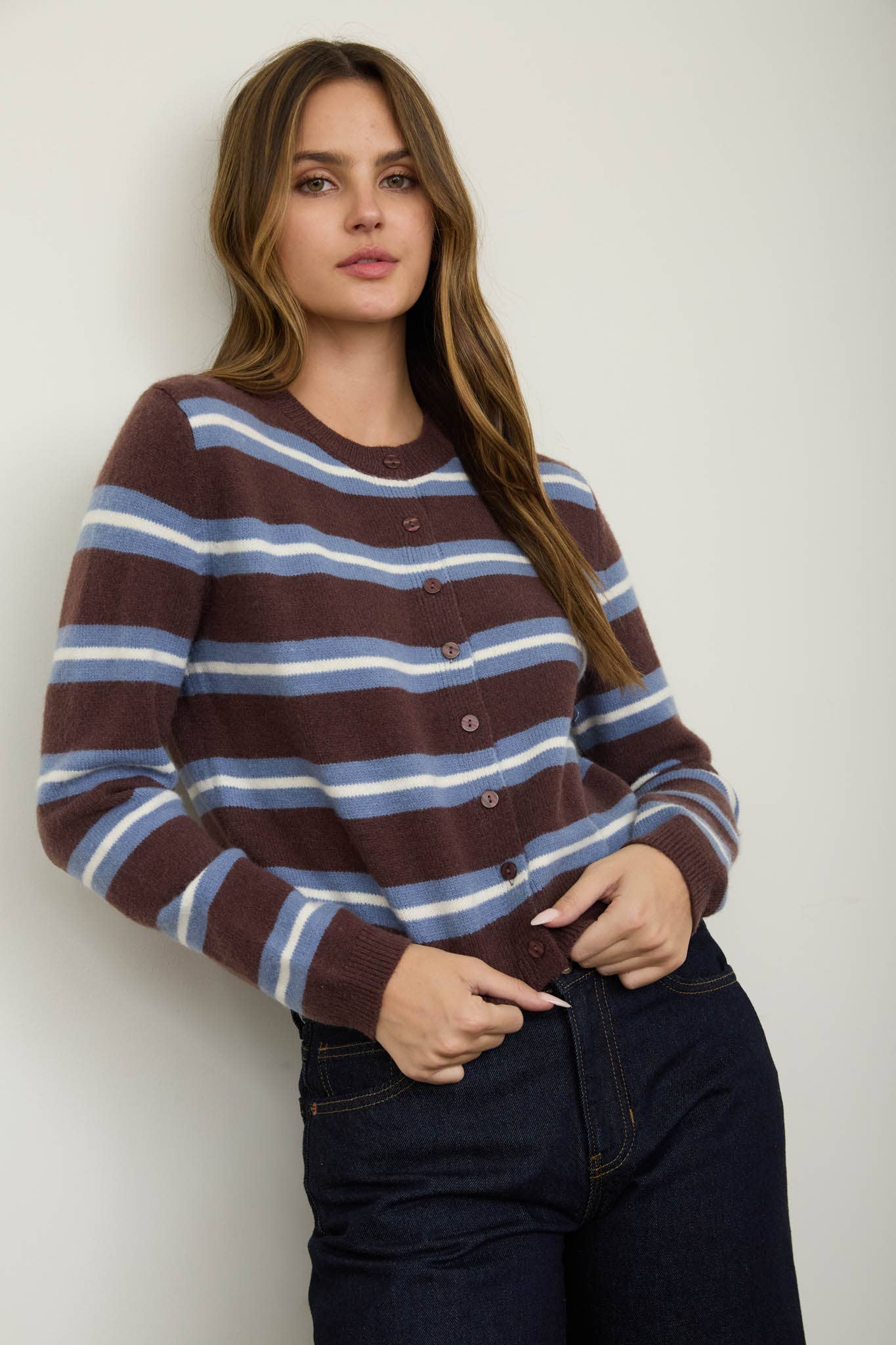 Rowan Stripe Button Down Knit Cardigan: Brown Multi