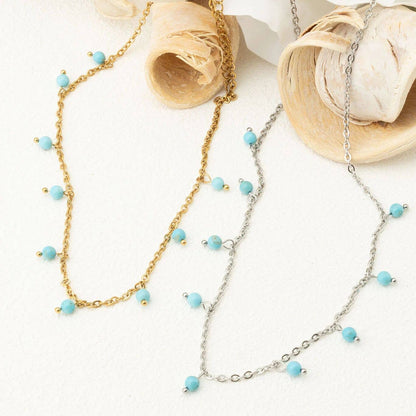 18K Gold PVD Stainless Steel Dangle Turquoise Stone Necklace: Stainless