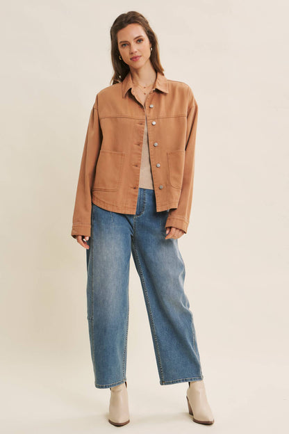 One of a Kind Washed Cotton Twill Utility Jacket: Camel