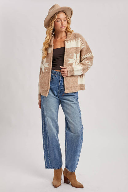 Fair Isle Fuzzy Knit Front Zipper Cardigan: Latte Combo