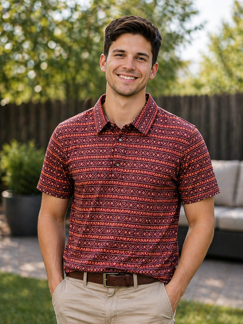 Men's Aztec Western Knit Polo with Pearl Snaps: Red