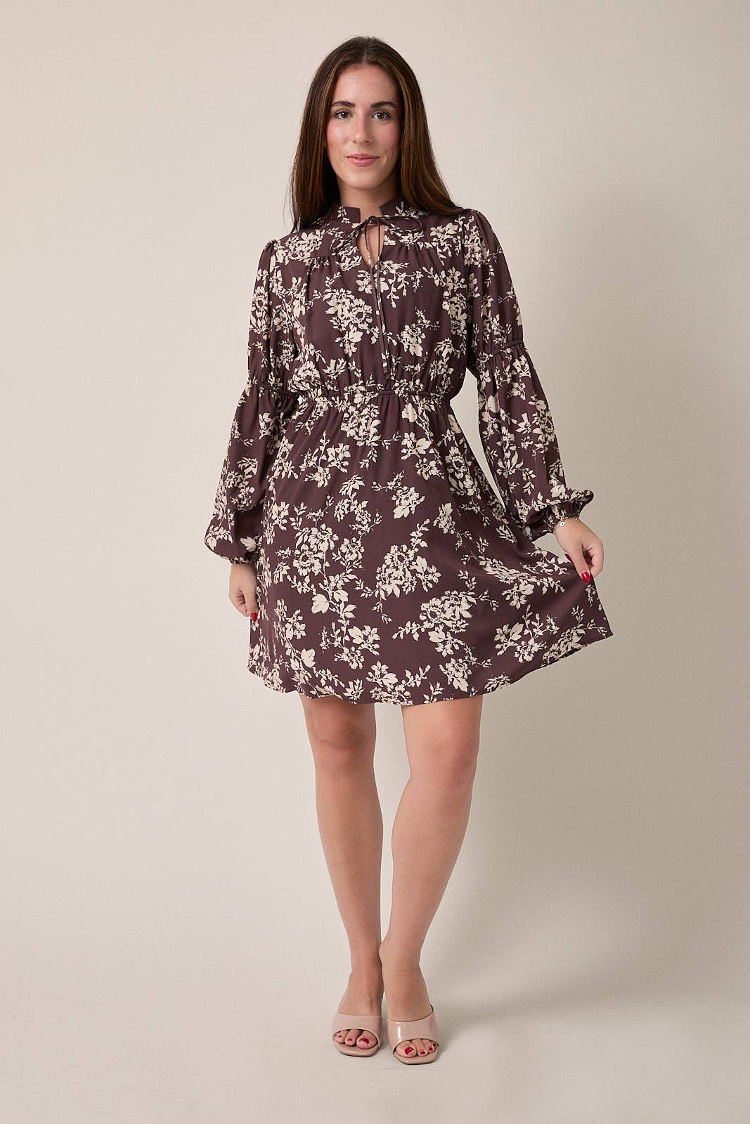 November Notch Neck Front Tie Puff Long Sleeve Floral Mini Dress: Brown Cream Floral