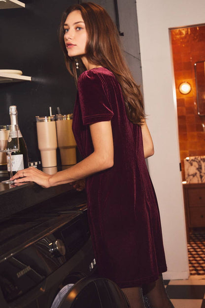 Gala Short Sleeve Velvet Mini Dress: Wine
