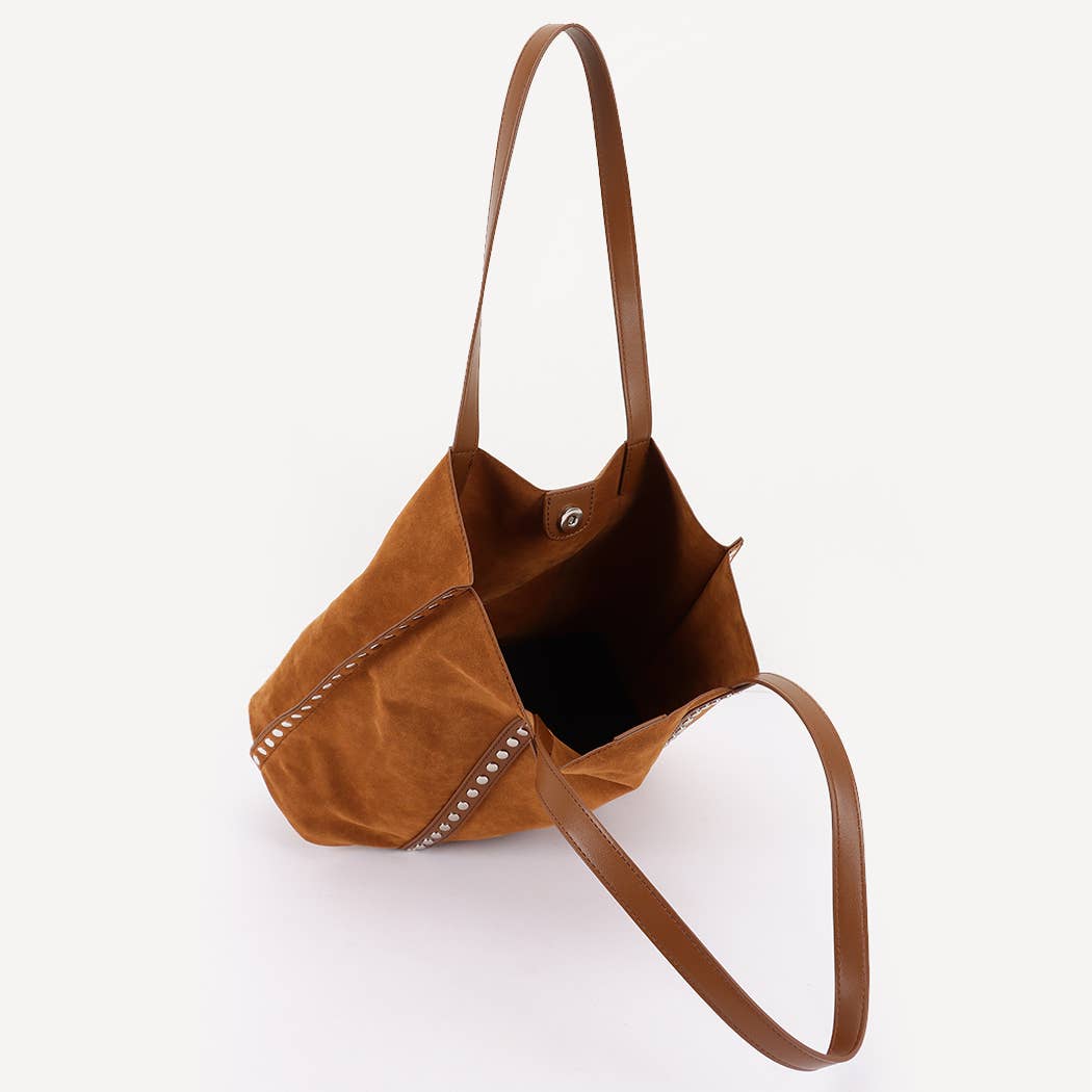 Imogen Studded Faux Suede Tote Bag: Camel