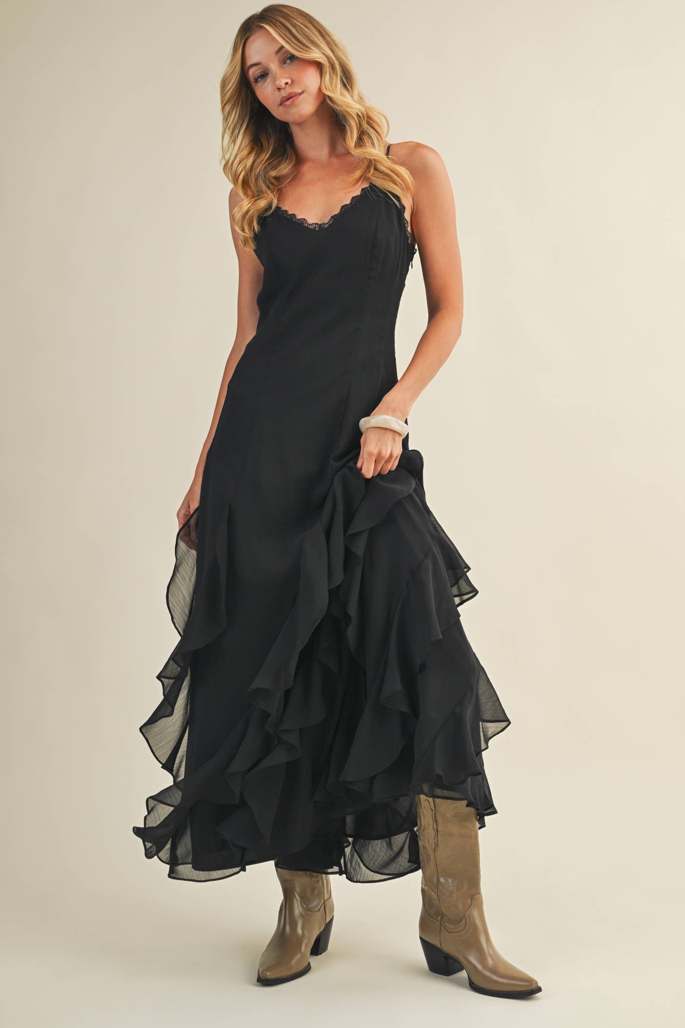 Lace V-Neck Cascading Ruffle Dress: Black / S