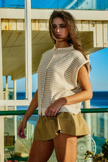 Saylor Button Front Soft Knit Stripe Cardigan: OATMEAL