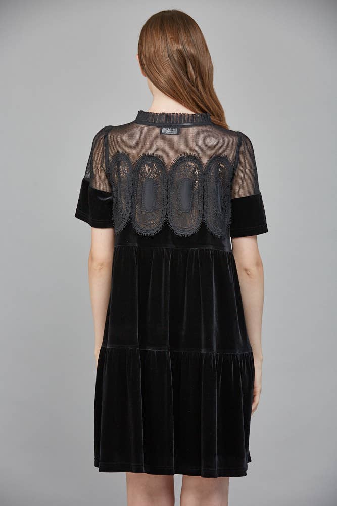 Solstice Contrast Sheer Mesh with Lace Detail Velvet: Black