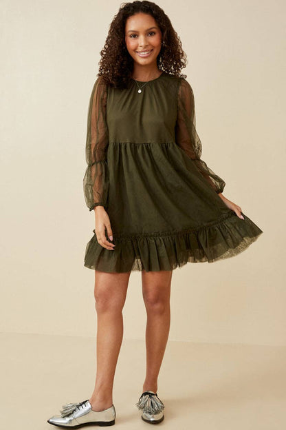 Alpine Womens Cinched Puff Sleeve Tiered Mesh Dress: Olive