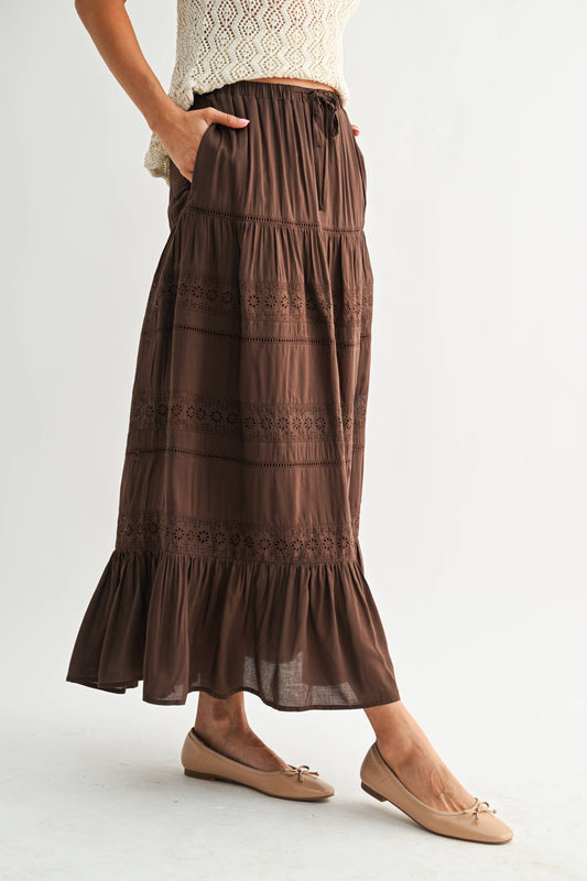 Aris Boho Tiered Maxi Skirt: Brown