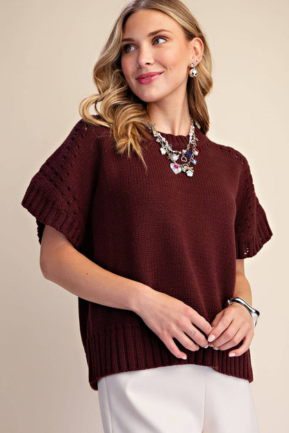 Della Short-Sleeve Eyelet Crew-Neck Sweater: Brown