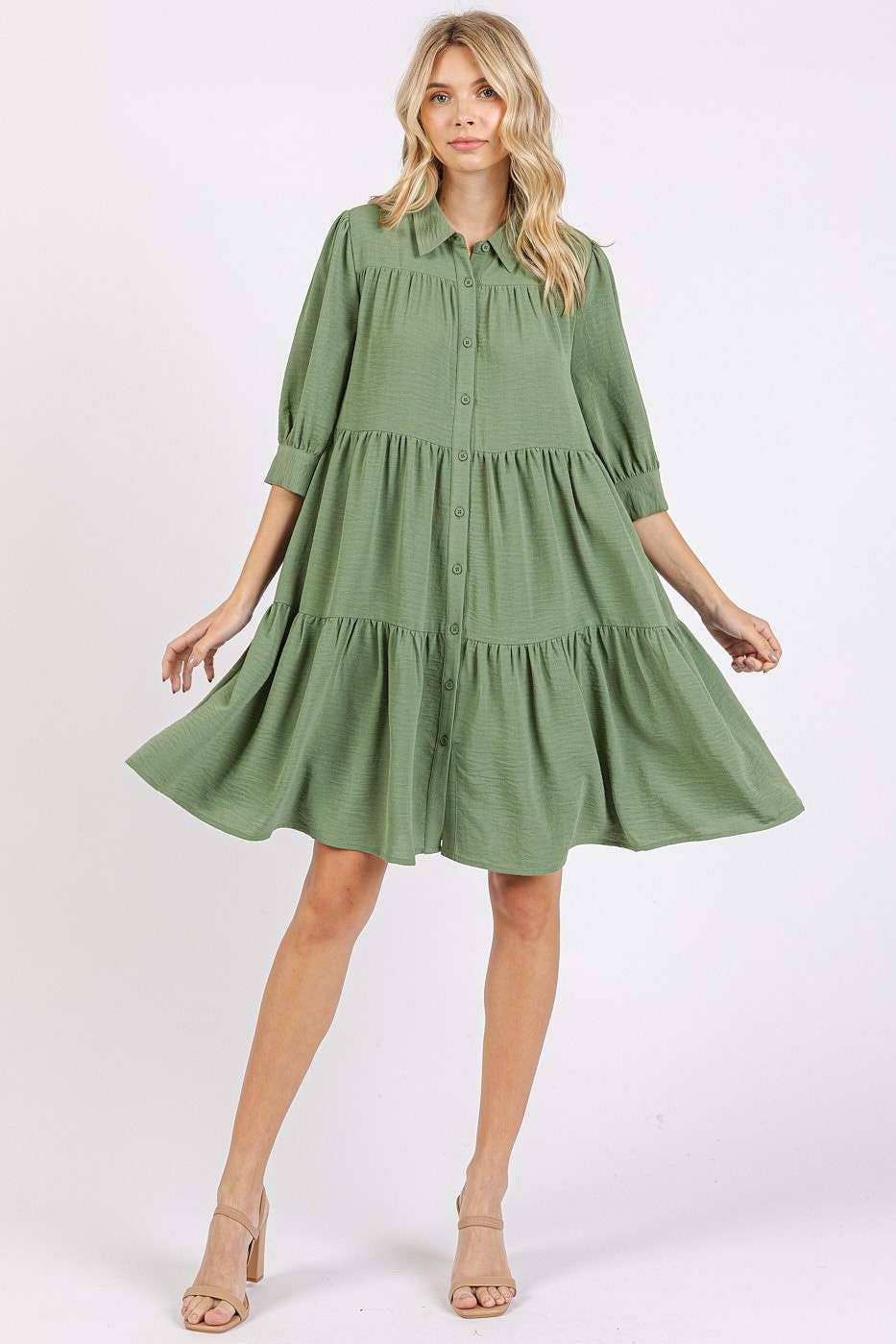 AIRFLOW RUFFLE TIER BUTTONED MINI SHIRT DRESS: SAGE / S-M-L(2-2-2)