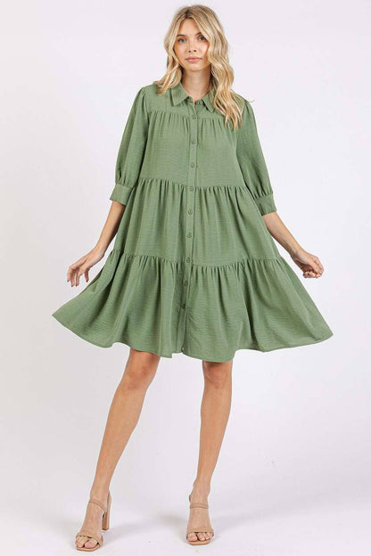 AIRFLOW RUFFLE TIER BUTTONED MINI SHIRT DRESS: SAGE / S-M-L(2-2-2)