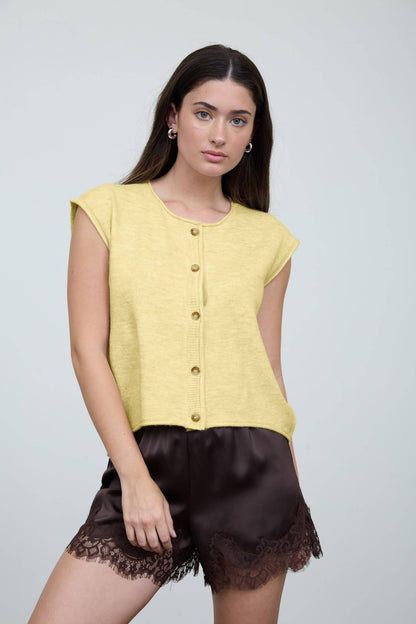Veda Round Neck Short Sleeve Rolled Edge Knit Vest: Butter Yellow
