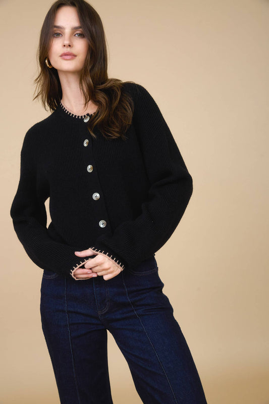 Julie Contrast Stitch Trim Button Down Knit Cardigan: Black
