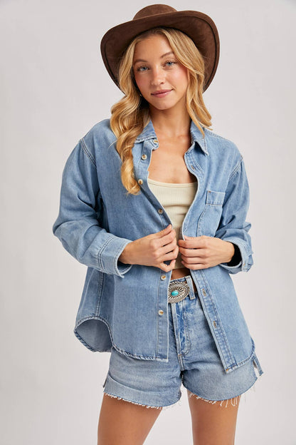 DENIM BUTTON DOWN OVERSIZED SHIRTS: LT.WASH