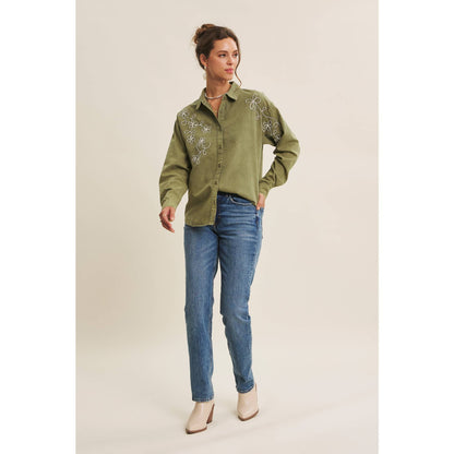 Rusting Elegance Mineral-Washed Embroidered Cotton Top: Olive